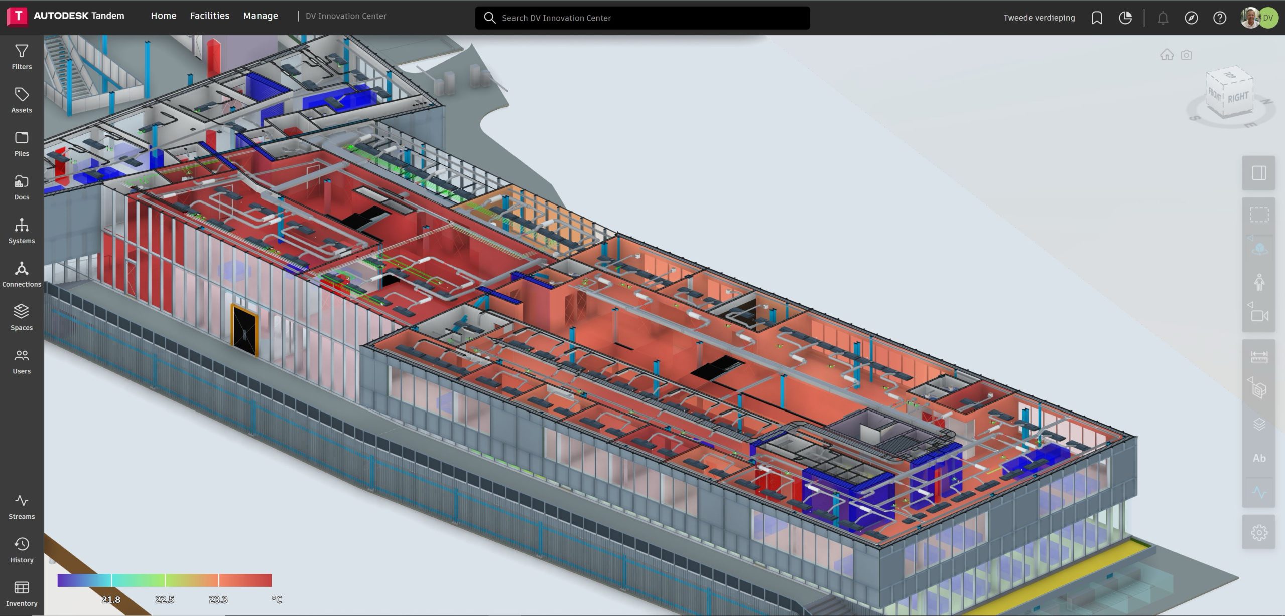 Heatmaps applied to spaces inside Dura Vermeer’s digital twin of the DVIC, illustrating the powerful visualizations that can be leveraged using IoT and BIM data.  